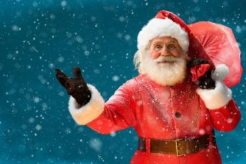 Real Santa Claus, carrying big bag full of gifts to children /  Merry Christmas & New Year's Eve concept / Closeup on blurred blue background.