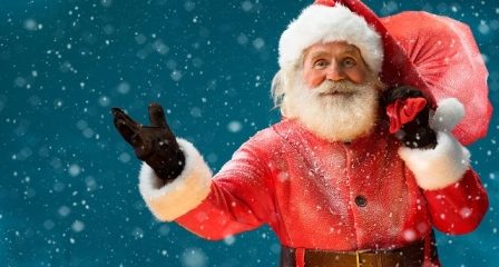 Real Santa Claus, carrying big bag full of gifts to children /  Merry Christmas & New Year's Eve concept / Closeup on blurred blue background.