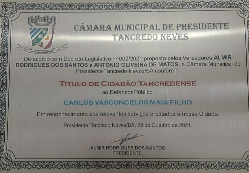 Carlos Maia recebe Titulo de cidadão Tancredense
